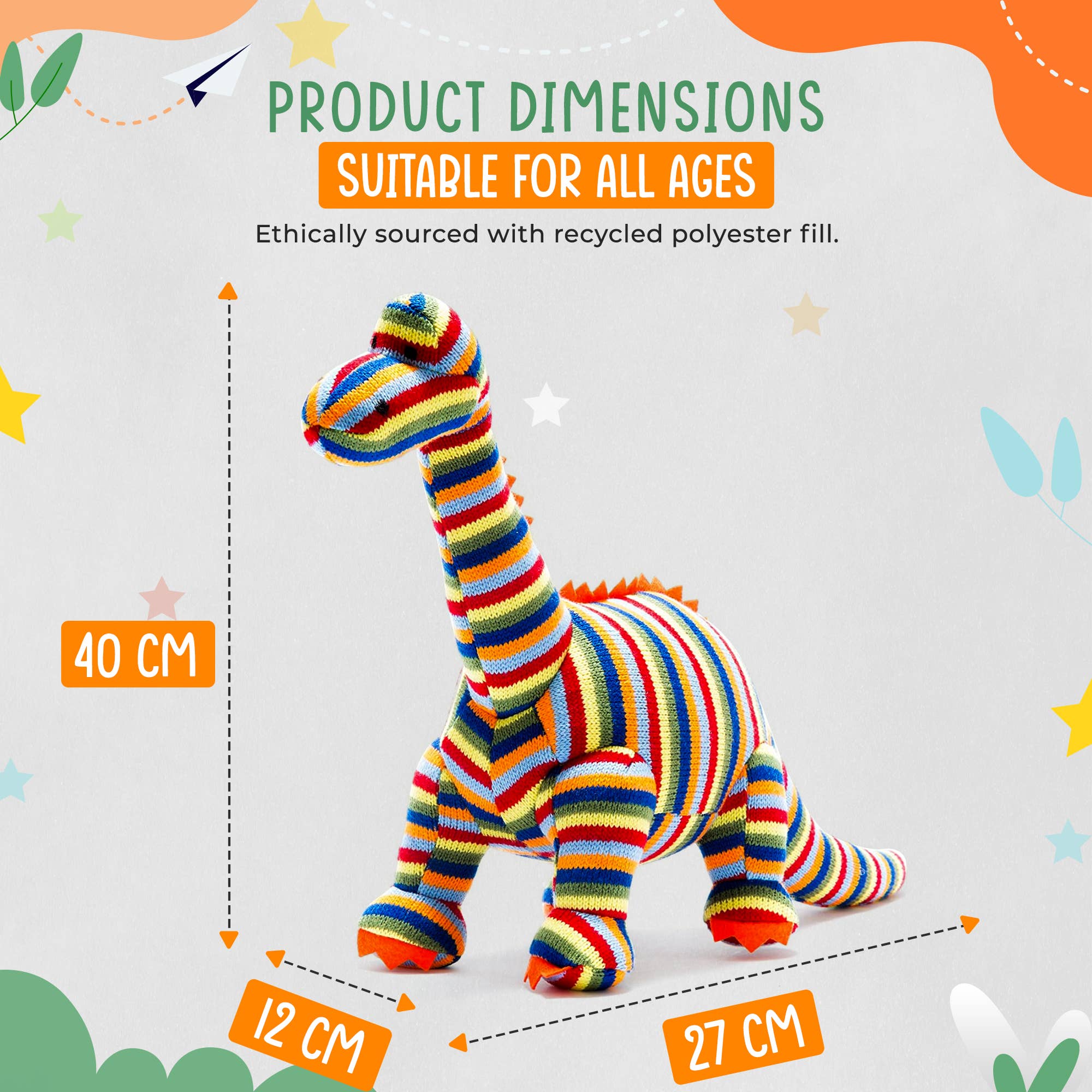Knitted Stripe Diplodocus Dinosaur Soft Toy Teddy