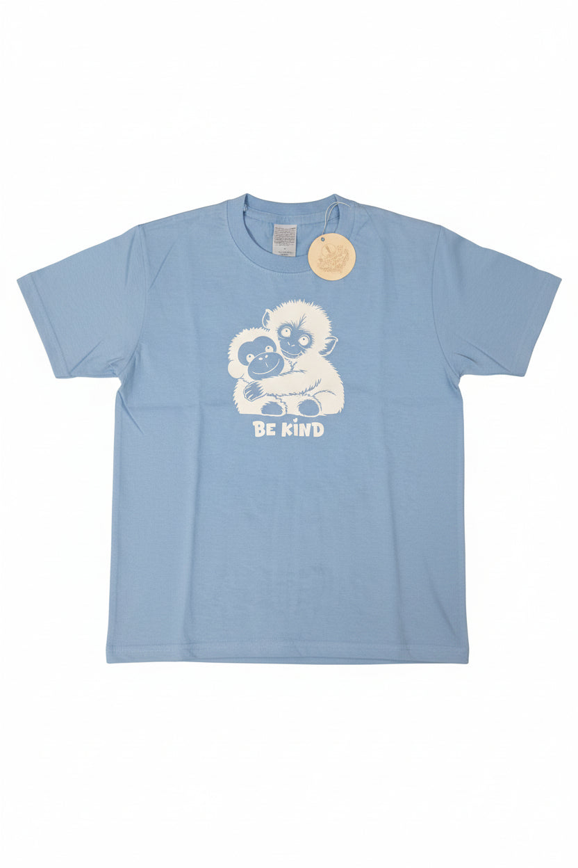 kids short sleeve tshirt with punch the monkey design in white htv with be kind logo