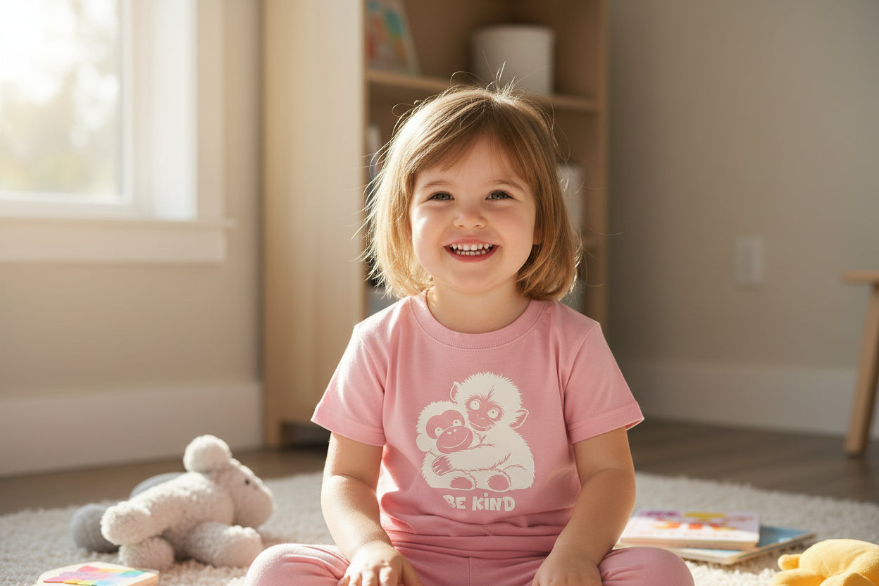 kids short sleeve tshirt with punch the monkey design in white htv with be kind logo