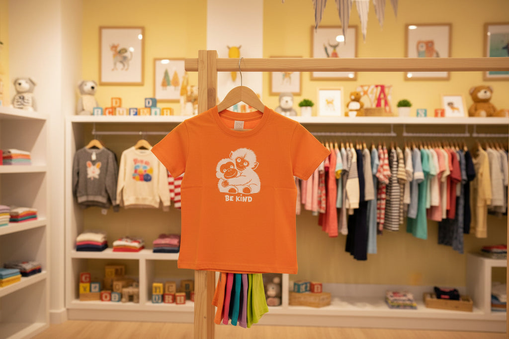 kids short sleeve tshirt with punch the monkey design in white htv with be kind logo