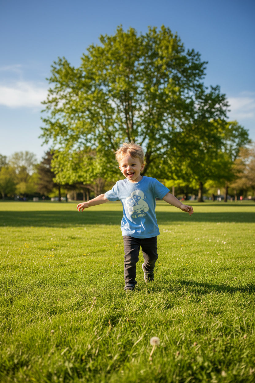 kids short sleeve tshirt with punch the monkey design in white htv with be kind logo