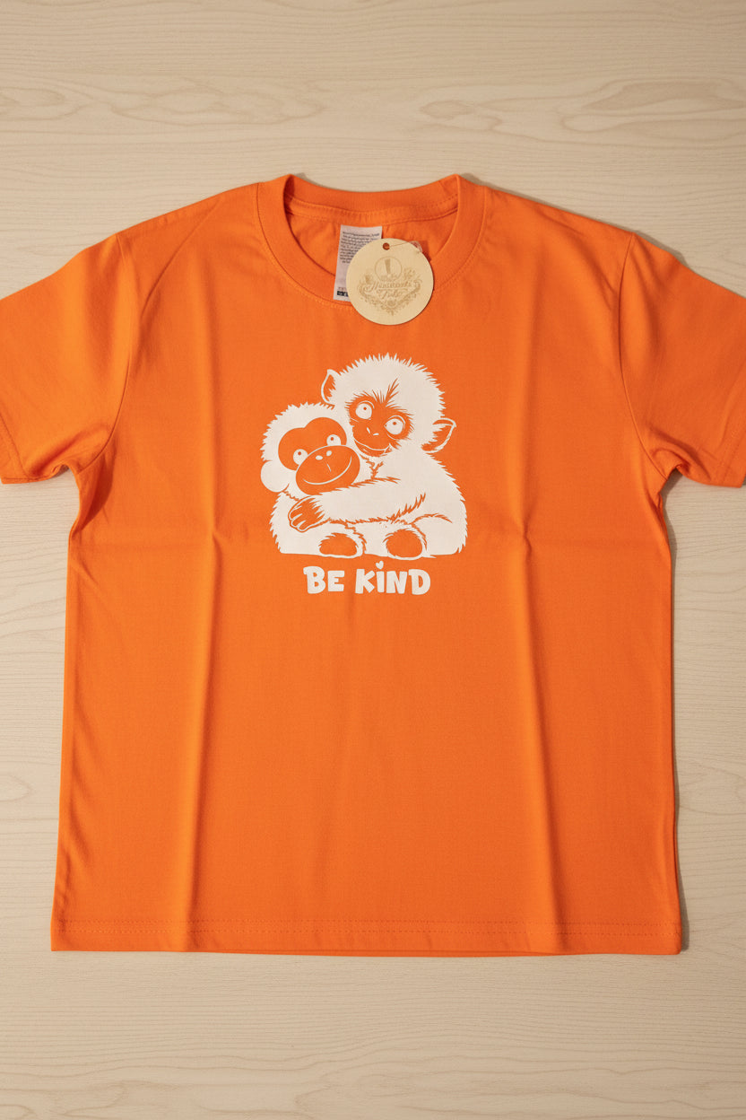 kids short sleeve tshirt with punch the monkey design in white htv with be kind logo