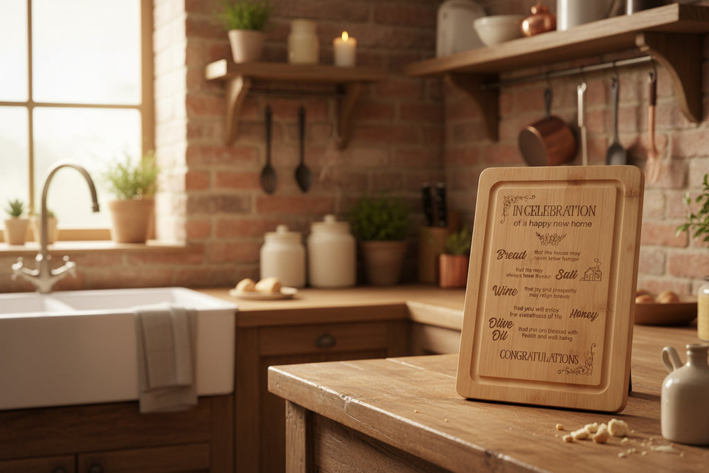 Congratulations on your new home bamboo chopping board gift set