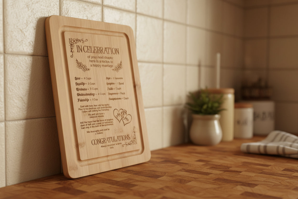 wedding gift bamboo chopping board with "recipe to a happy marriage" and personalised tea towel