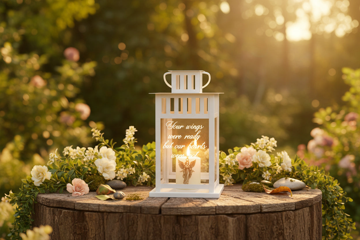 white memorial lantern with lovely sentiment laser engraved on glass suitable for indoor and outdoor use