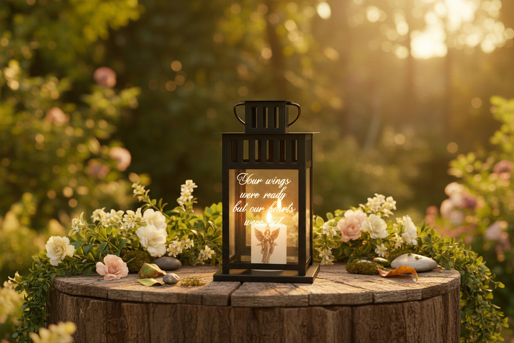 black memorial indoor/outdoor lantern with laser engraved sentiment on glass