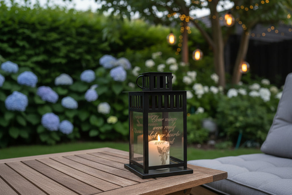 black memorial indoor/outdoor lantern with laser engraved sentiment on glass