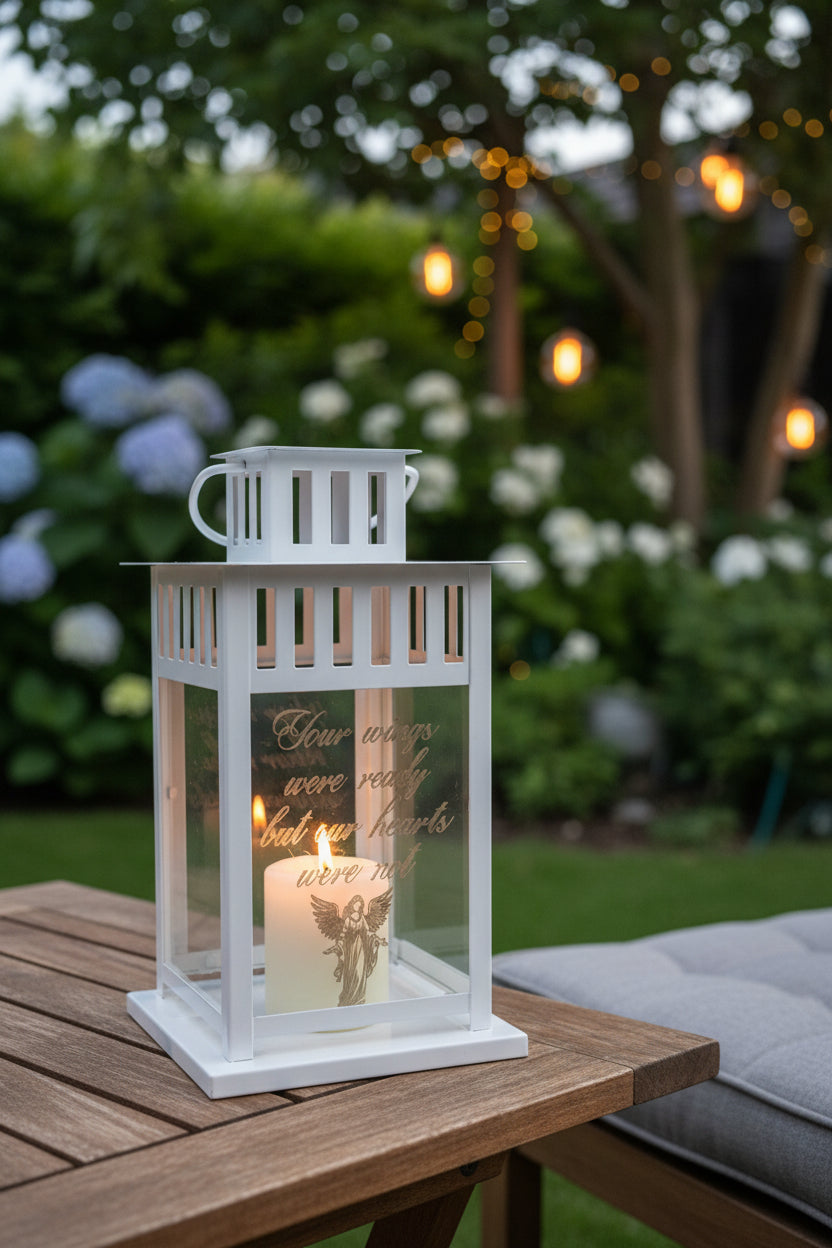 white memorial lantern with lovely sentiment laser engraved on glass suitable for indoor and outdoor use