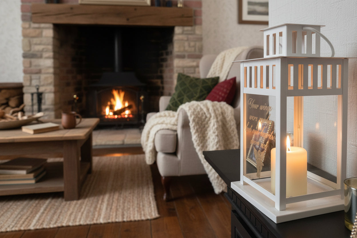 white memorial lantern with lovely sentiment laser engraved on glass suitable for indoor and outdoor use