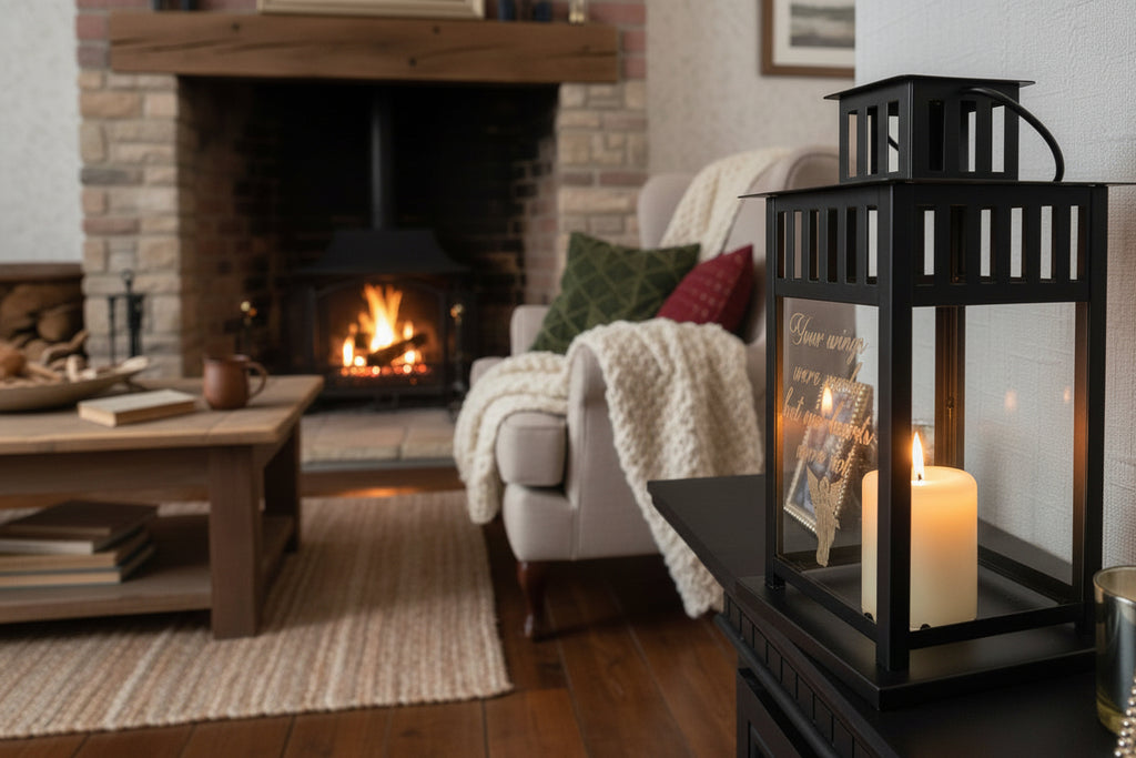 black memorial indoor/outdoor lantern with laser engraved sentiment on glass