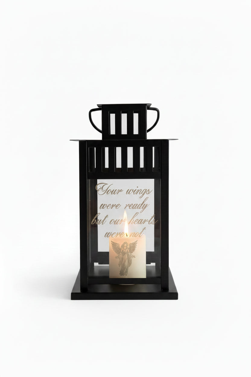 black memorial indoor/outdoor lantern with laser engraved sentiment on glass