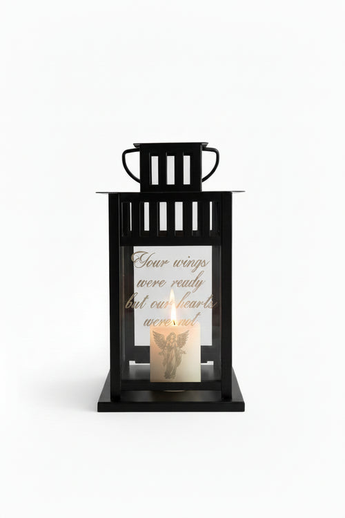 black memorial indoor/outdoor lantern with laser engraved sentiment on glass