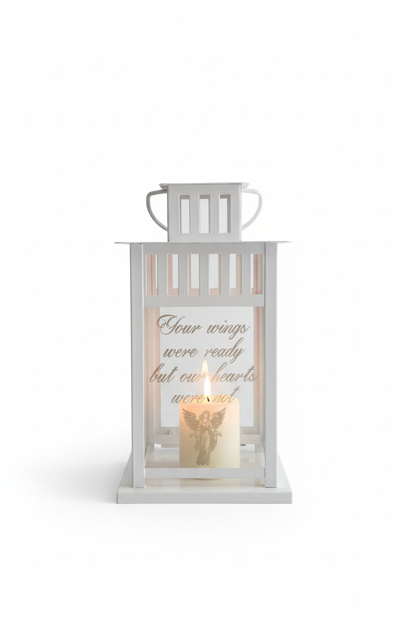 white memorial lantern with lovely sentiment laser engraved on glass suitable for indoor and outdoor use