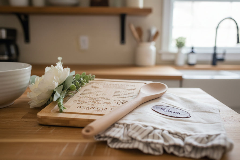 wedding gift bamboo chopping board with "recipe to a happy marriage" and personalised tea towel