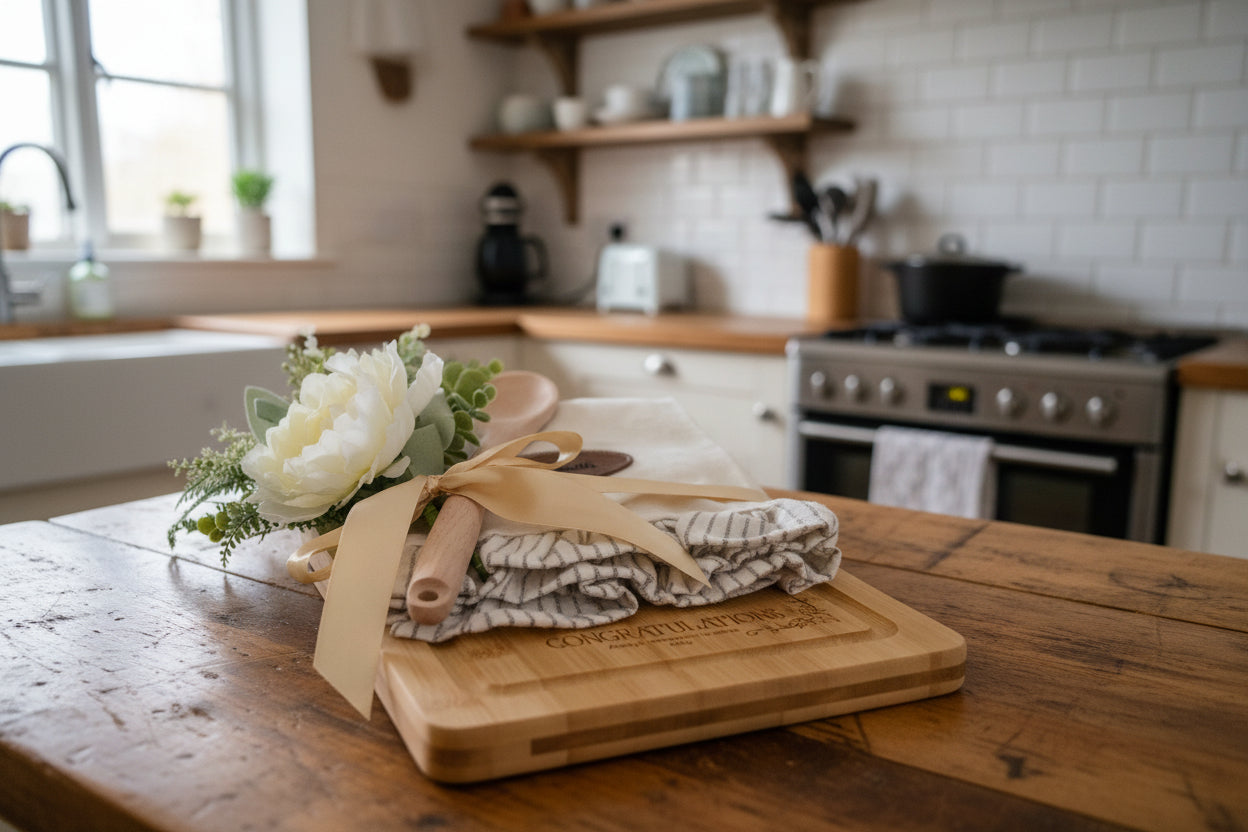 wedding gift bamboo chopping board with "recipe to a happy marriage" and personalised tea towel