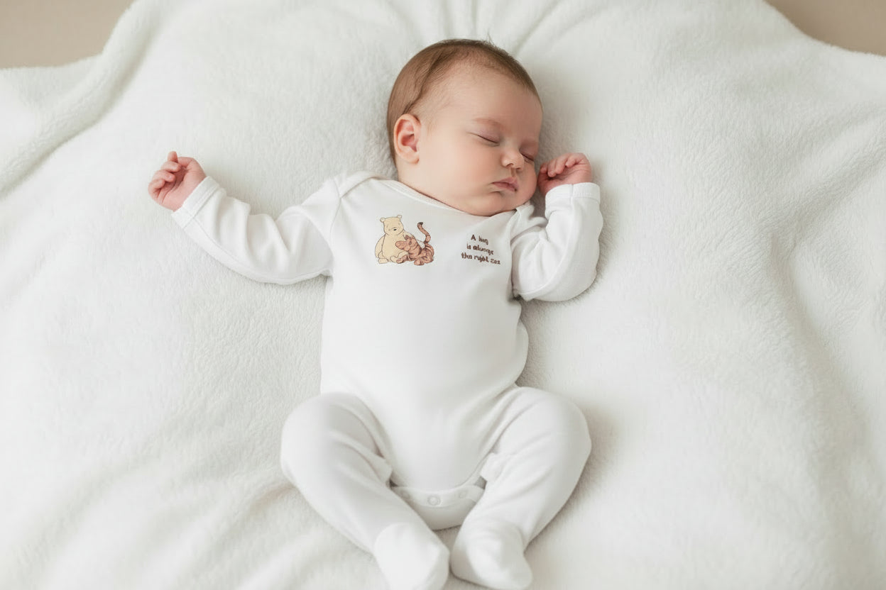 winnie the pooh 100% cotton neutral basics set including vest, romper, beanie and bib