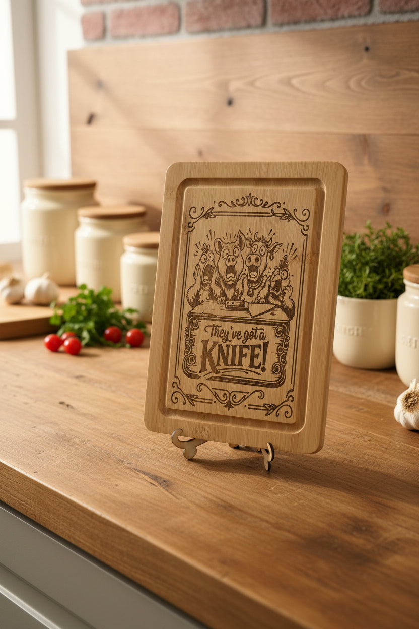 humorous frightened pigs and chickens bamboo chopping board