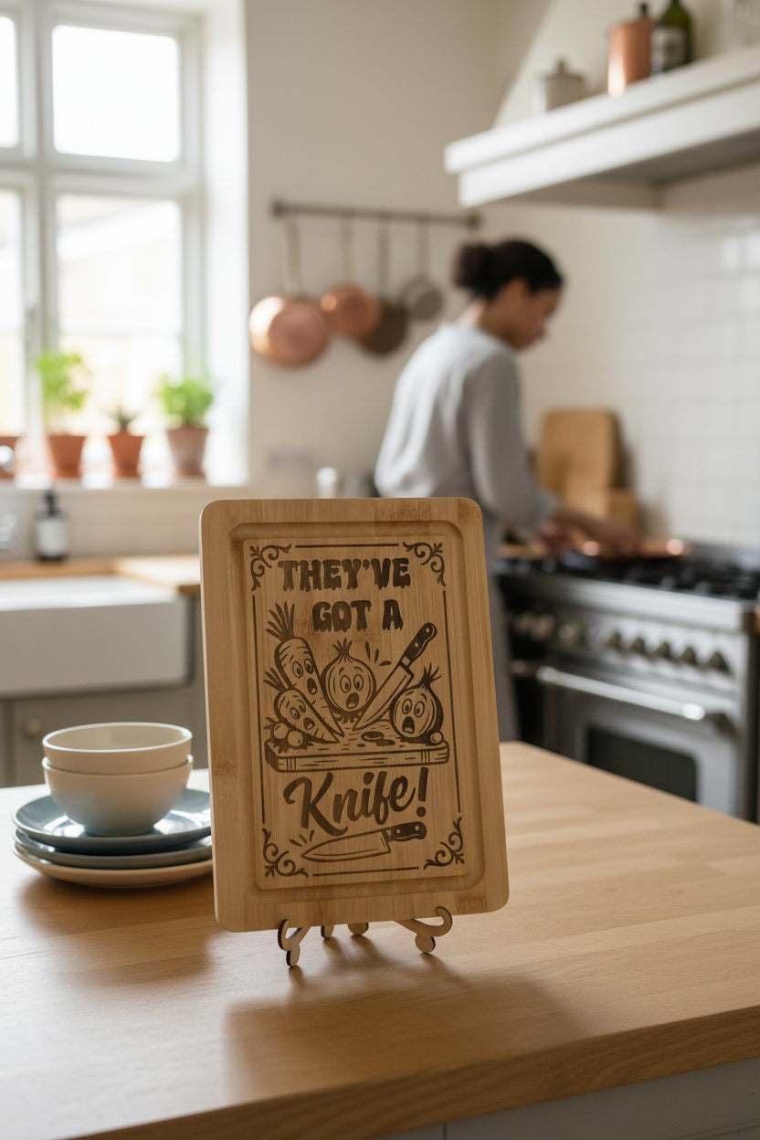 humorous frightened vegetables bamboo chopping board