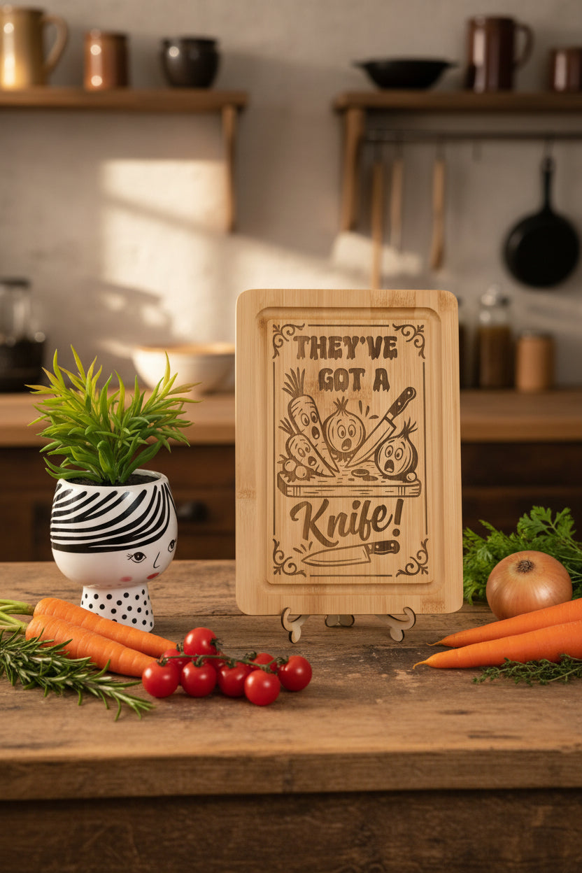 humorous frightened vegetables bamboo chopping board