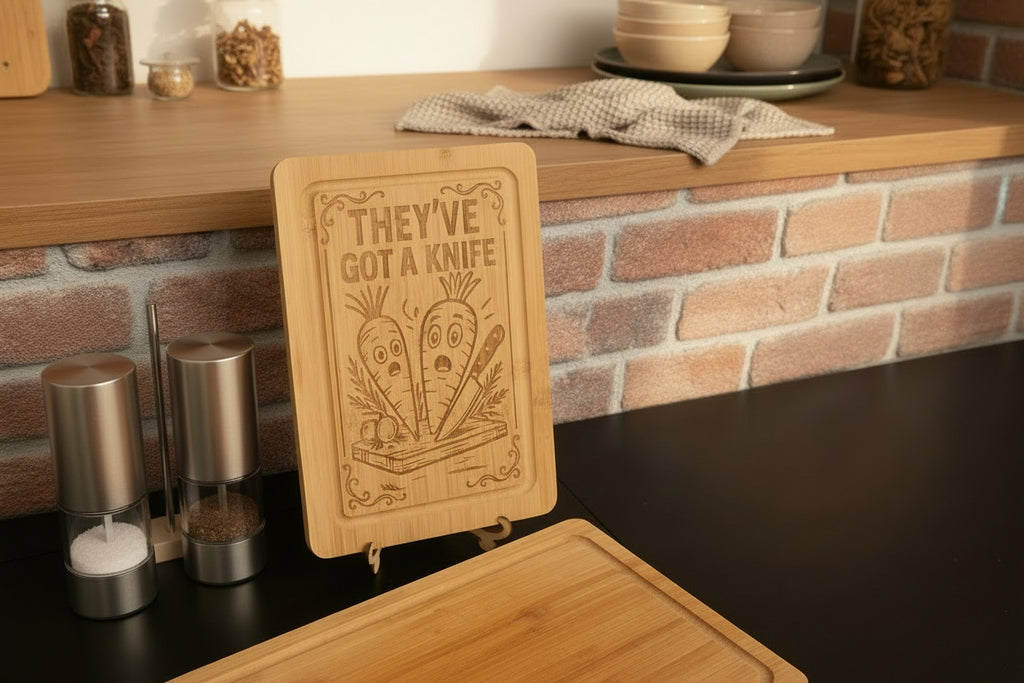 humorous bamboo chopping board with scared carrots