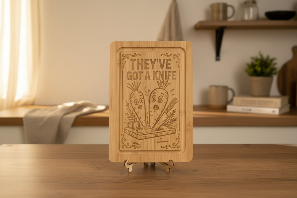 humorous bamboo chopping board with scared carrots