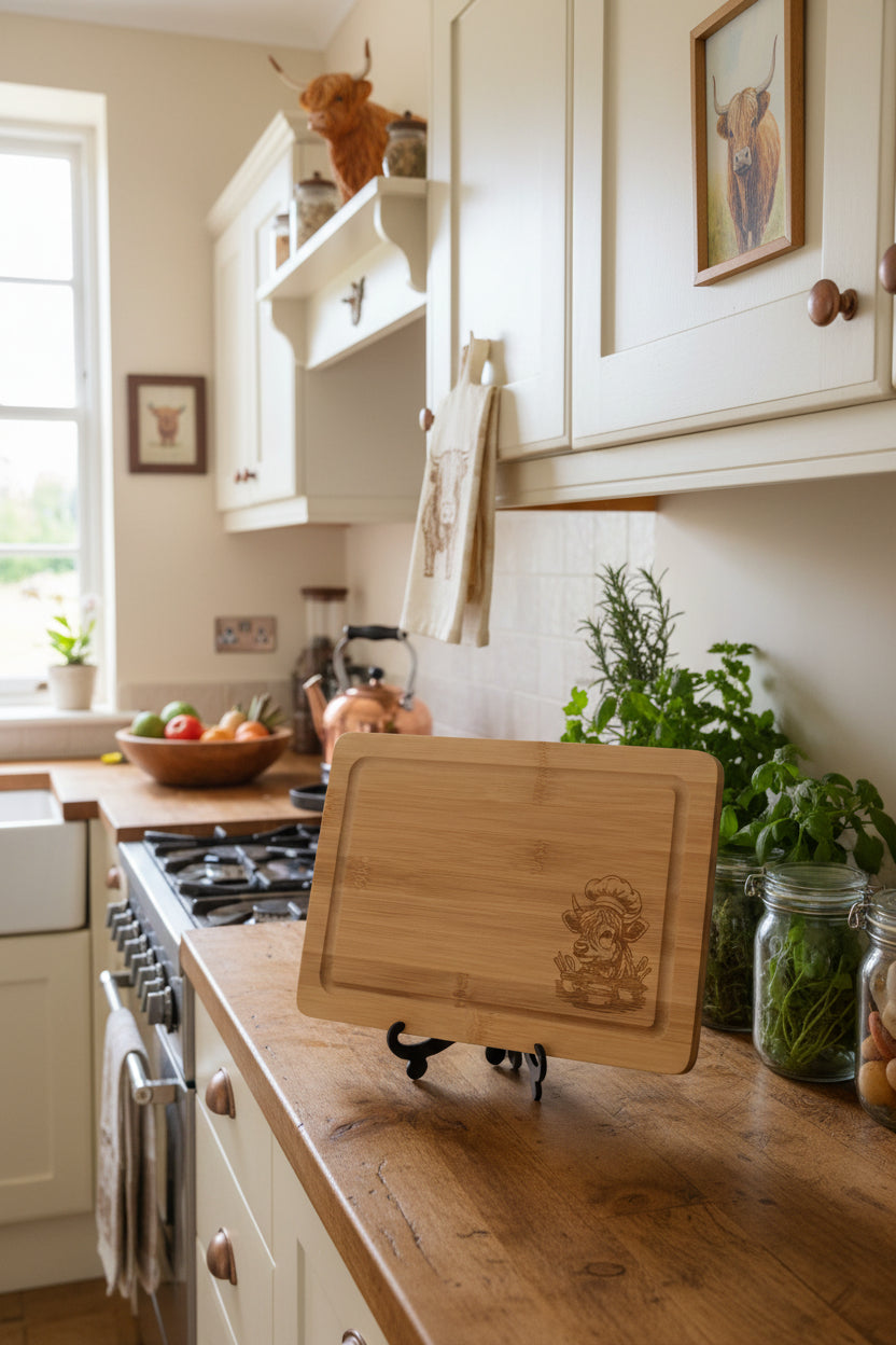 bamboo chopping board with highland cow in chefs hat and utensils