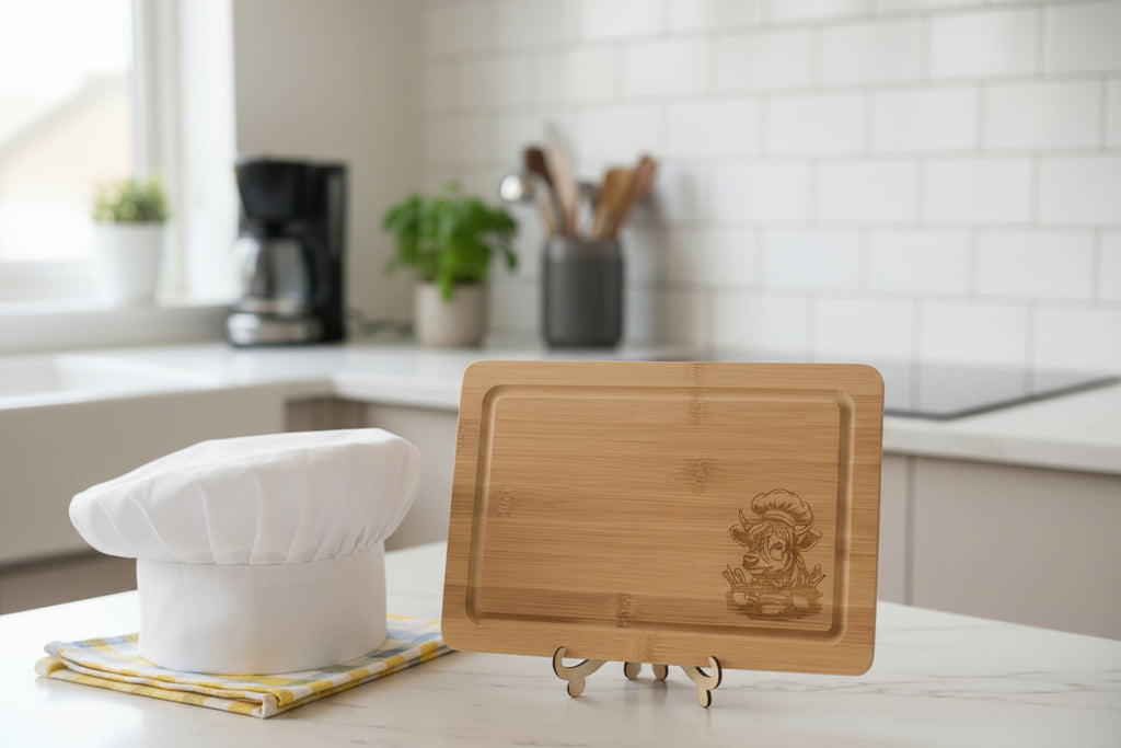 bamboo chopping board with highland cow in chefs hat and utensils