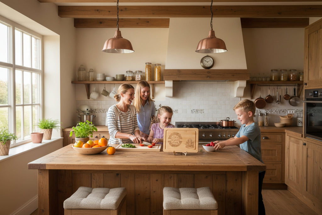 bamboo chopping board personalised with family name and highland cow design
