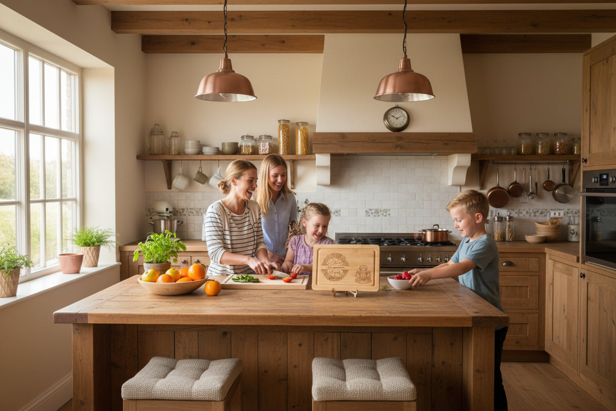 bamboo chopping board personalised with family name and highland cow design