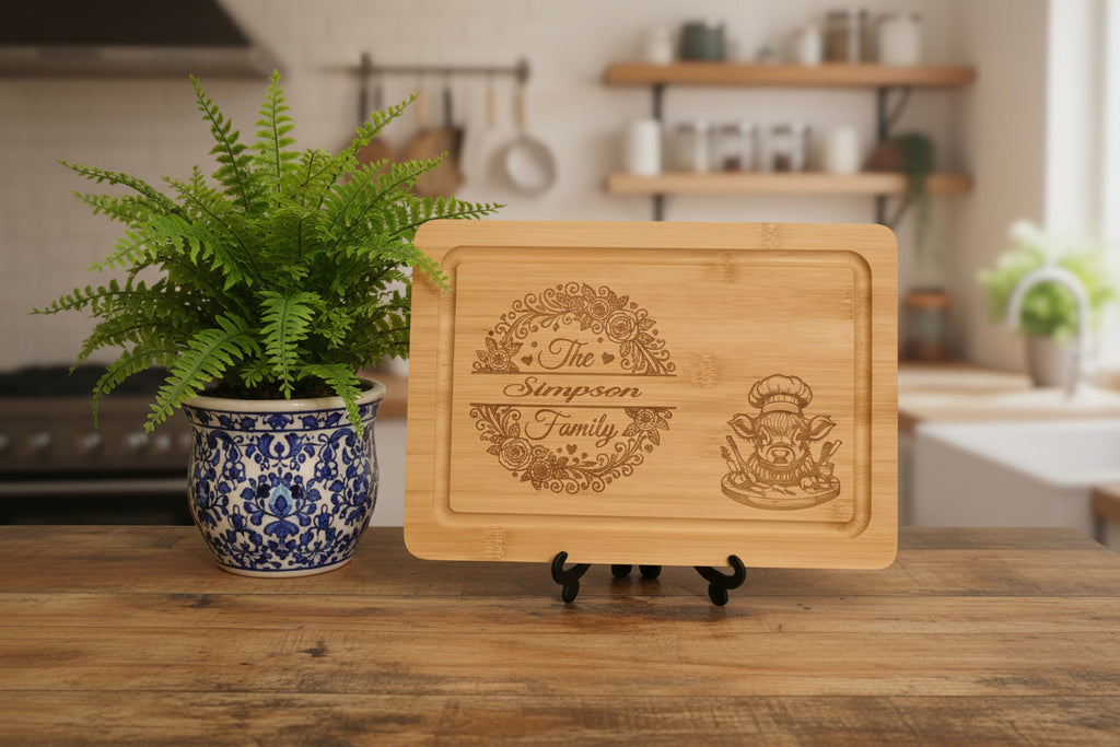 bamboo chopping board personalised with family name and highland cow design