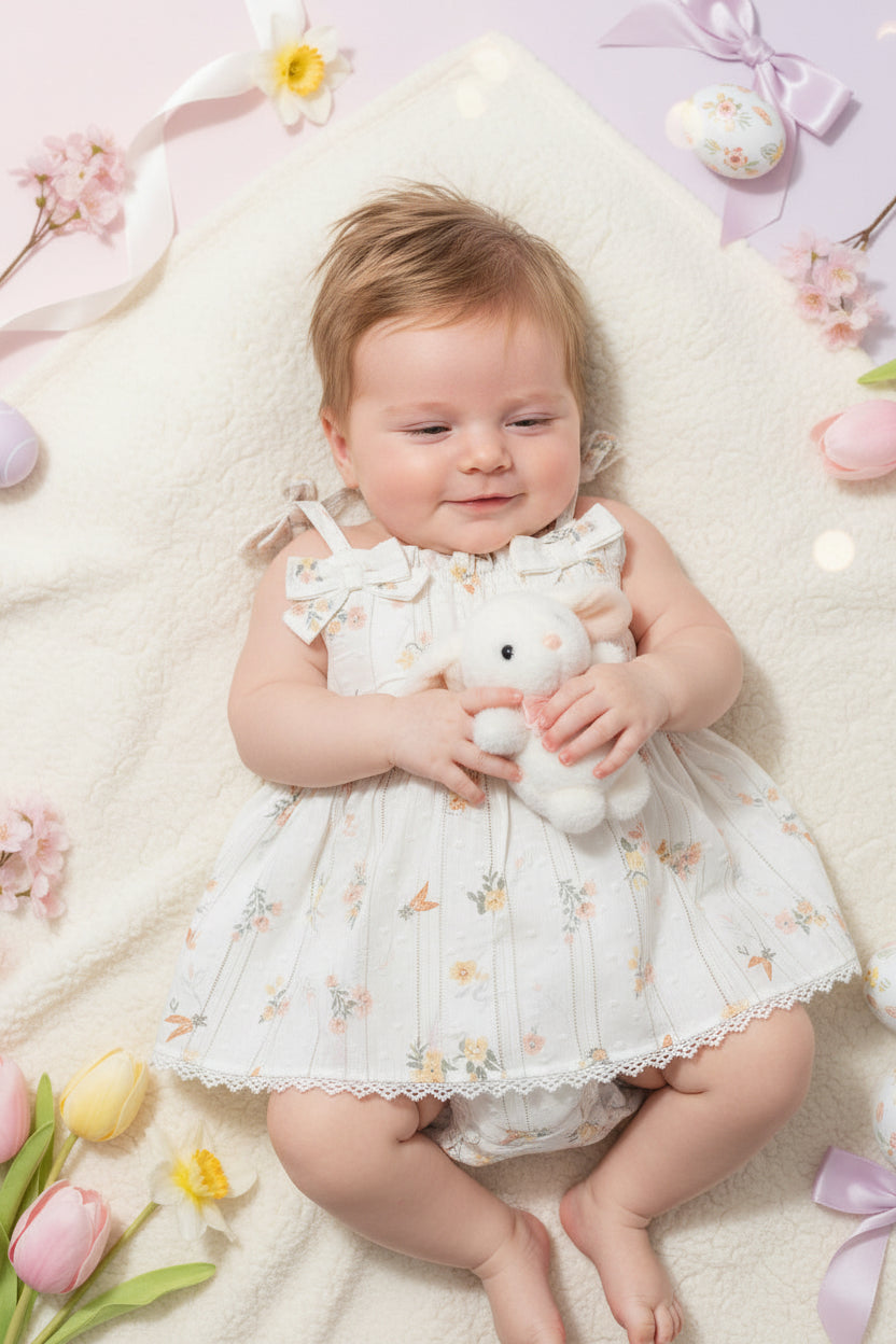 Easter bunny and carrot print dress 100% cotton with bunny hanger and plushy 3-6months