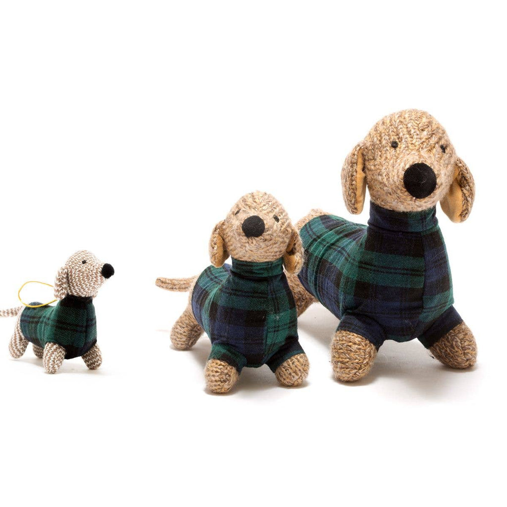 Knitted Sausage Dog Baby Rattle with Tartan / Plaid Coat