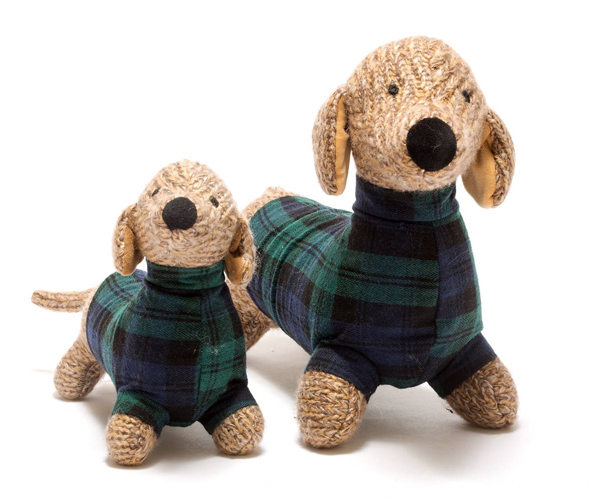 Knitted Sausage Dog Baby Rattle with Tartan / Plaid Coat