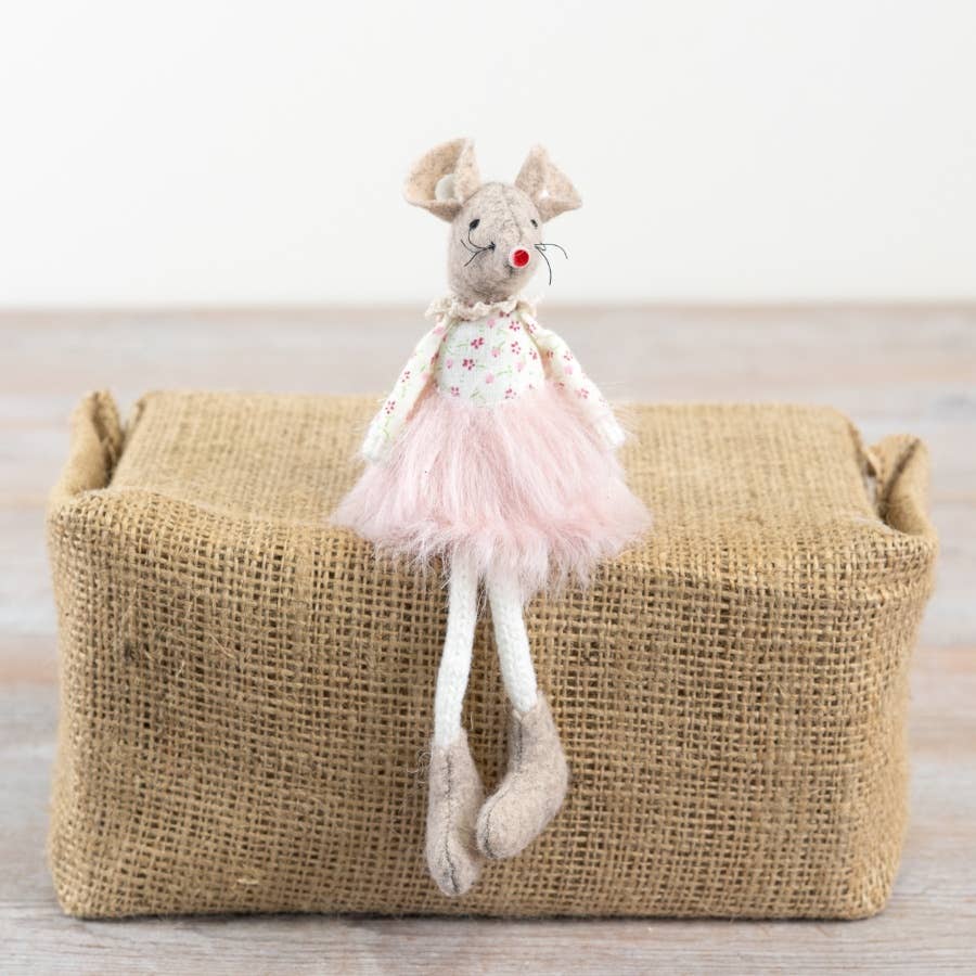 Tiny Sitting Mouse with Dangle Legs & Pink Tutu