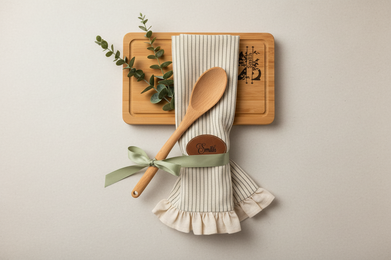 Bamboo monogrammed chopping board and 100% cotton personalised towel gift set