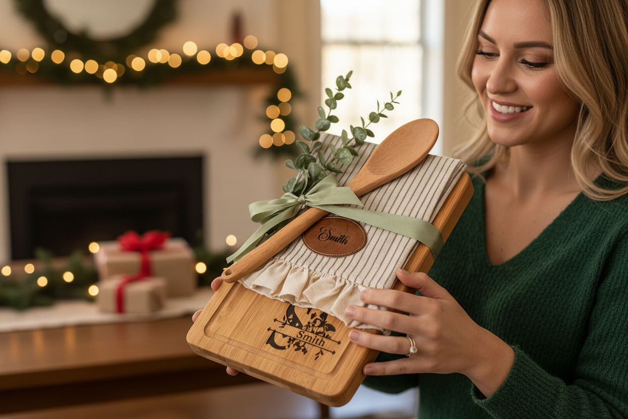 Bamboo monogrammed chopping board and 100% cotton personalised towel gift set