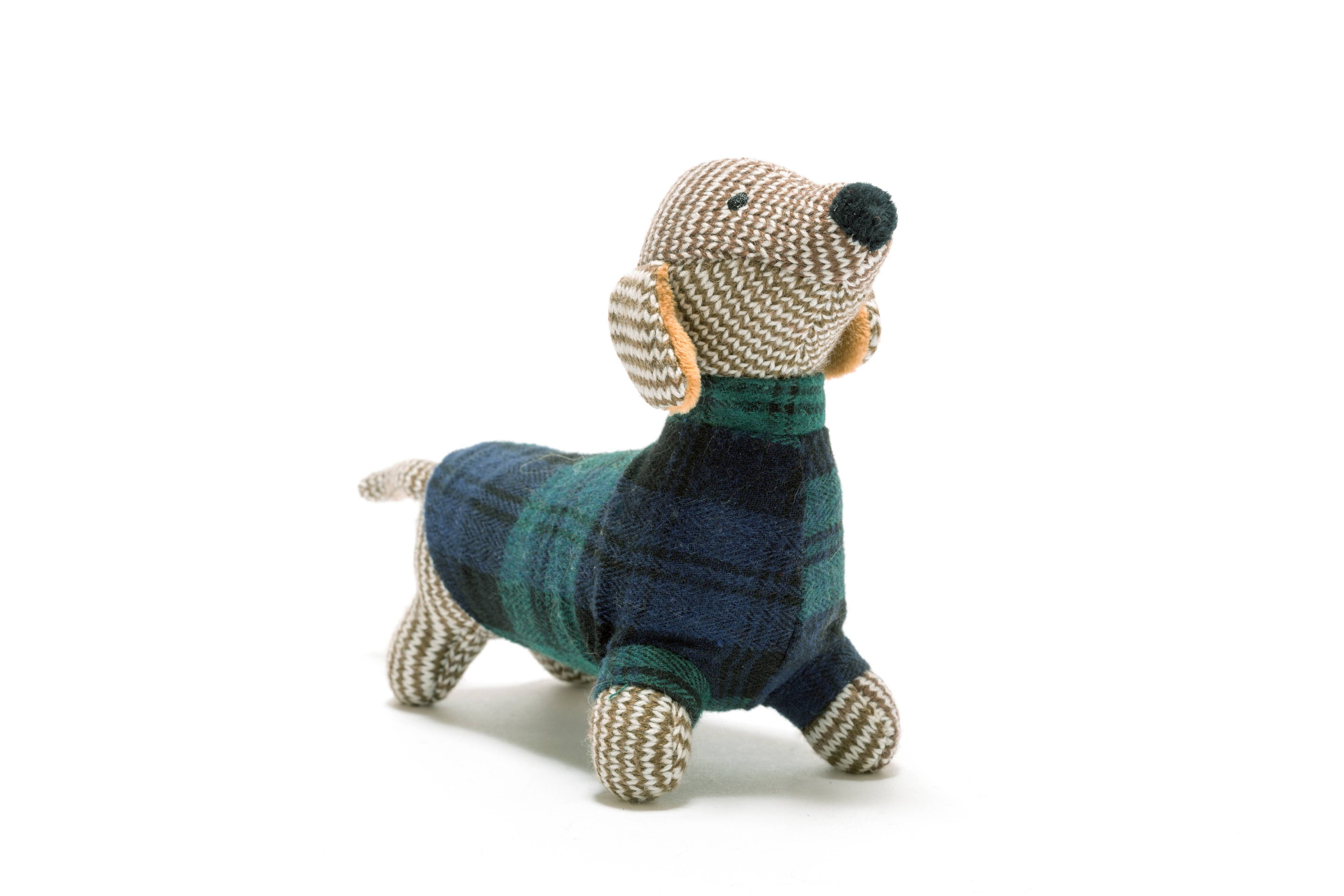 Knitted Sausage Dog Baby Rattle with Tartan / Plaid Coat