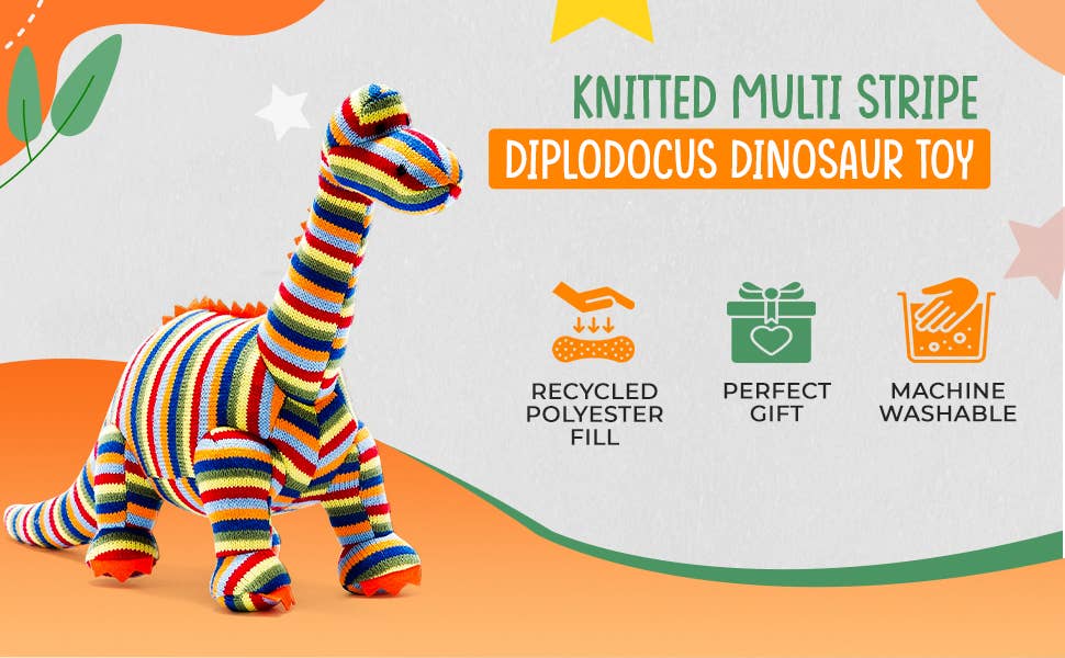 Knitted Stripe Diplodocus Dinosaur Soft Toy Teddy