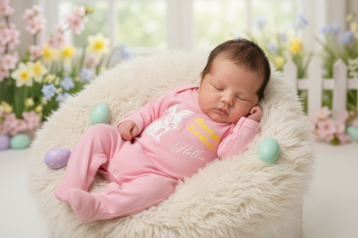 Custom baby easter themed romper in a decorated personalised golden egg