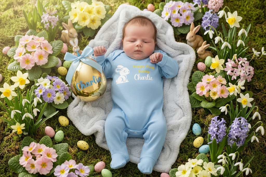 Custom baby easter themed romper in a decorated personalised golden egg