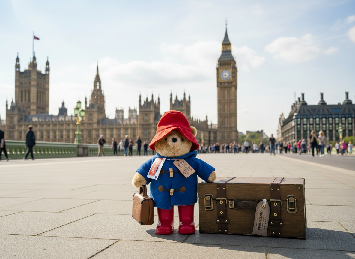 Large paddington bear with hand made wooden suitcase memory box