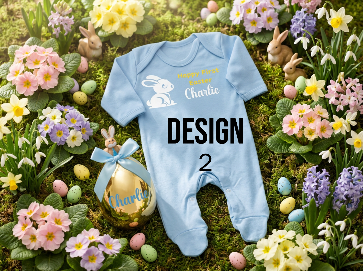 Custom baby easter themed romper in a decorated personalised golden egg
