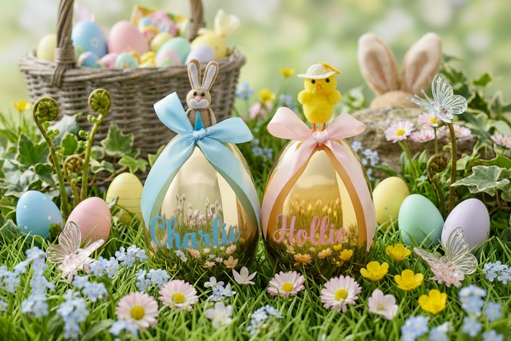 Custom baby easter themed romper in a decorated personalised golden egg