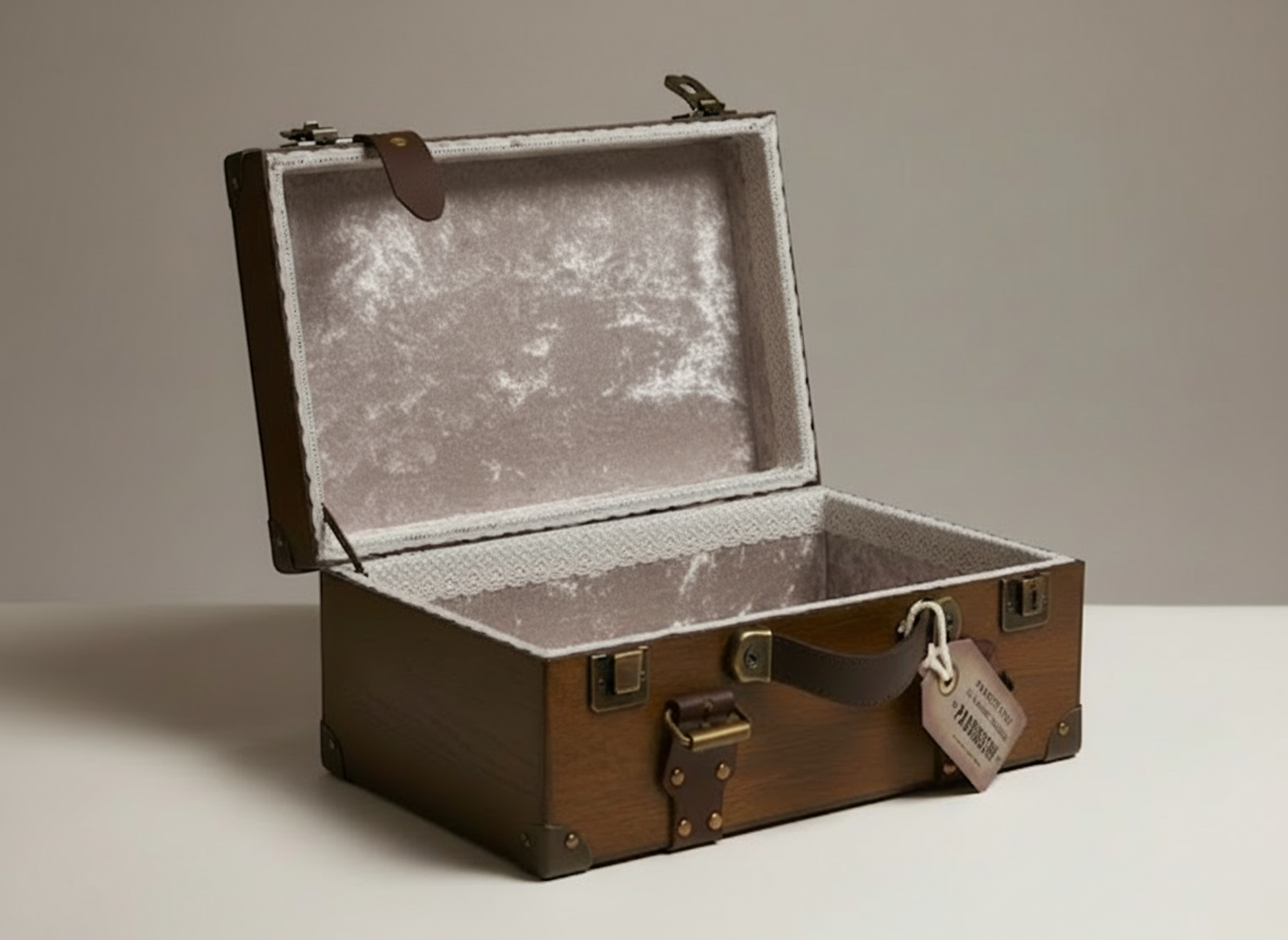 Large paddington bear with hand made wooden suitcase memory box