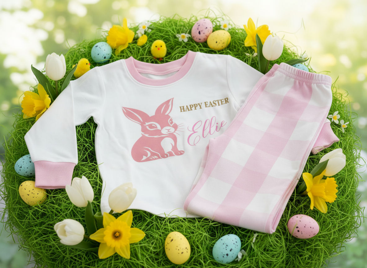 kids 100% cotton easter pjamas with cute bunny design