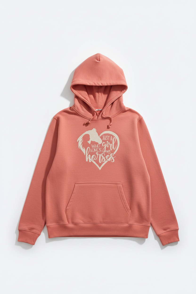 Pink girls hoodie "Just a girl who loves horses" logo in white diamond sparkle htv