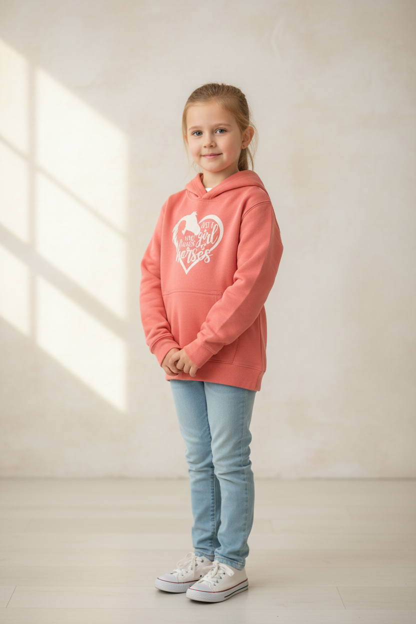 Pink girls hoodie "Just a girl who loves horses" logo in white diamond sparkle htv