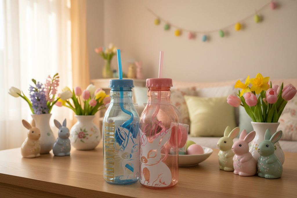 Kids peronalised decorated filled easter basket with custom drinks bottle