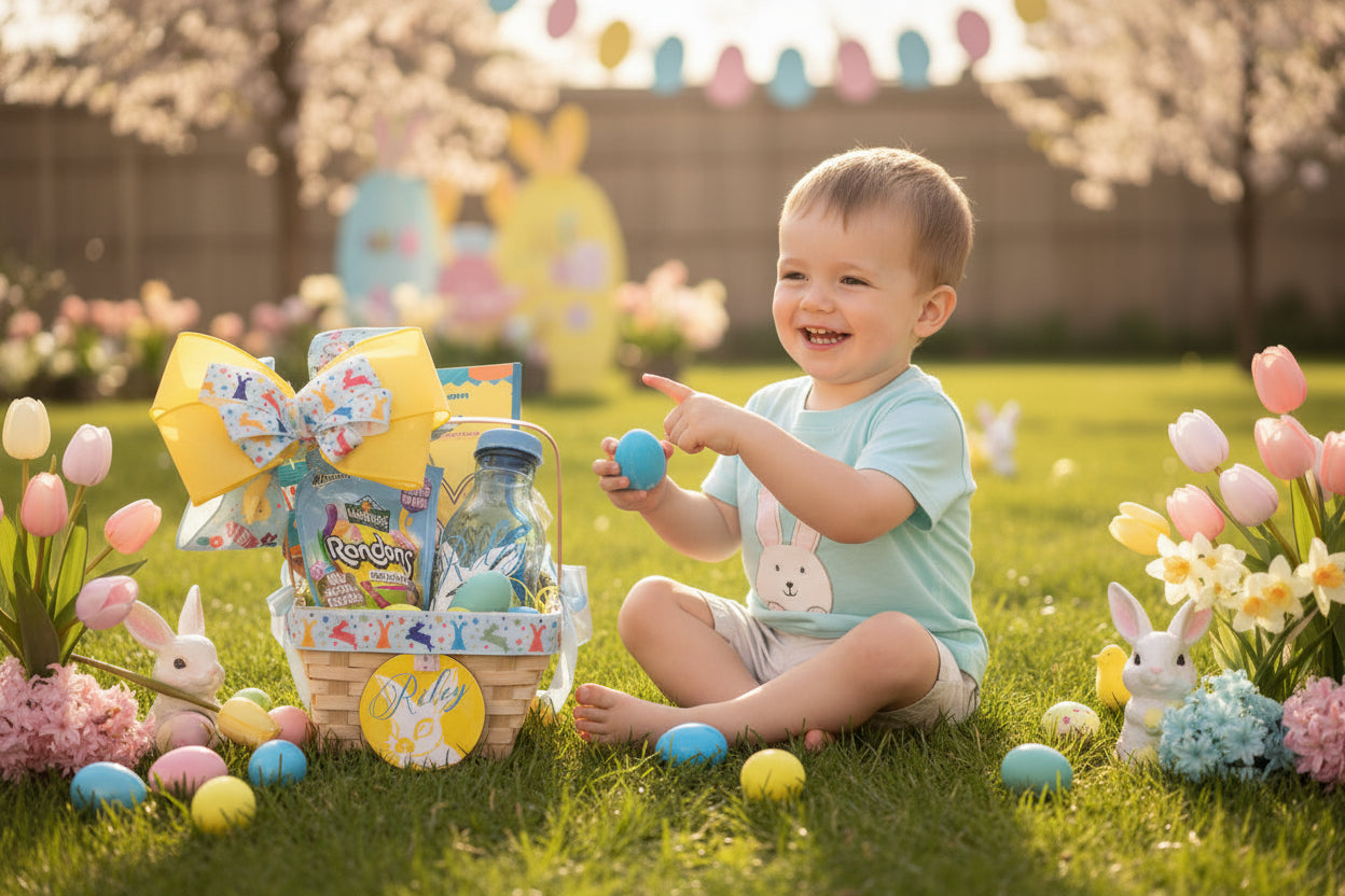 Kids peronalised decorated filled easter basket with custom drinks bottle