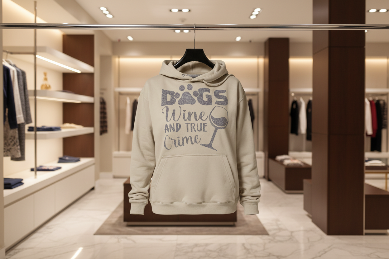 Womens sand coloured comfy hoodie with playful logo in gold sparkle htv